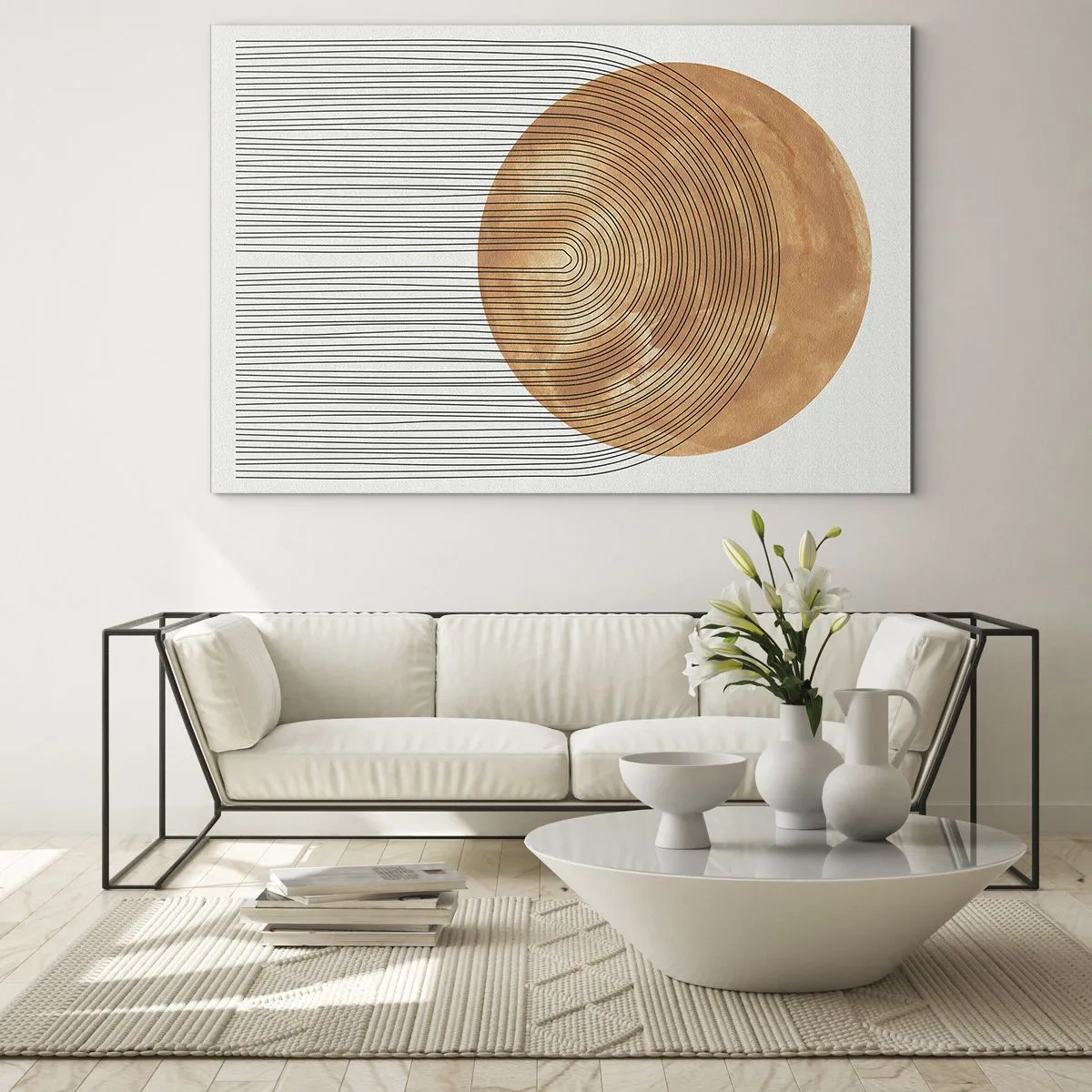 Tablou pe sticlă - Formă geometrică cu linii concentrice și un cerc auriu - 70x50cm - Compoziția solară - Decorațiune modernă pentru perete pentru living și dormitor ARTTOR