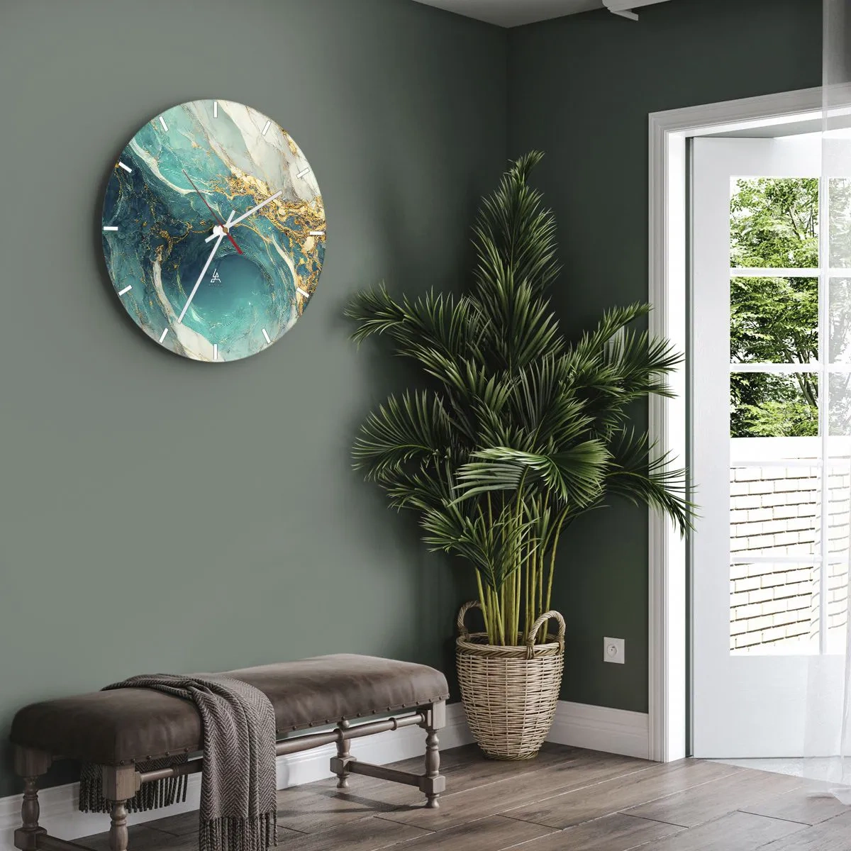 Ceas de perete - Ceas pe sticlă - Rezumat turcoaz cu model auriu învârtit - 30x30cm - Compoziție cu vene aurii - Decorațiune modernă pentru perete pentru living, bucătărie și dormitor ARTTOR