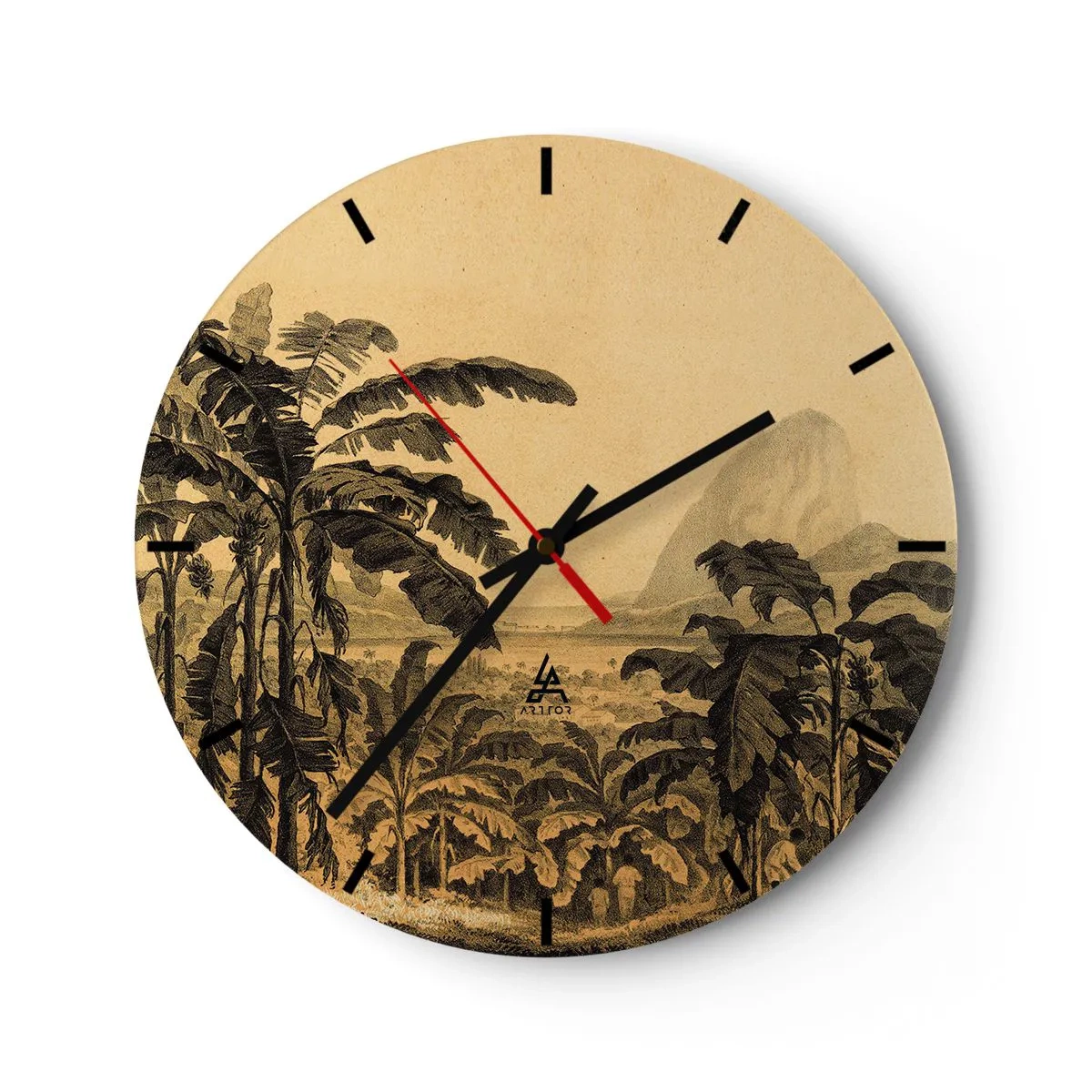 Ceas de perete - Ceas pe sticlă - Banane și un peisaj retro tropical - 30x30cm - În stil colonial - Decorațiune modernă pentru perete pentru living, bucătărie și dormitor ARTTOR