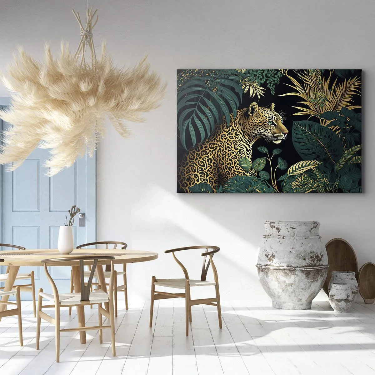 Tablou pe pânză Canvas - Leopard în frunze tropicale pe fundal negru - 70x50cm - Domnitorul junglei - Decorațiune modernă pentru perete pentru living și dormitor ARTTOR