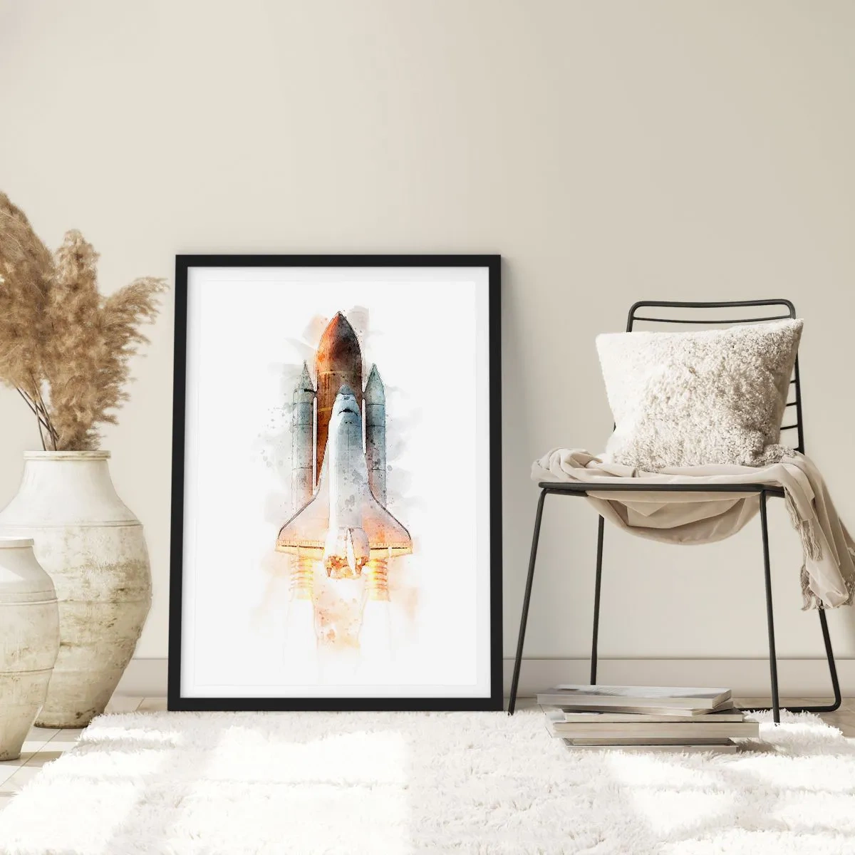 Poster în ramă neagră - Navetă spațială în stil acuarelă decolând - 50x70cm - Exploratorii la start - Decorațiune modernă pentru perete pentru living și dormitor ARTTOR