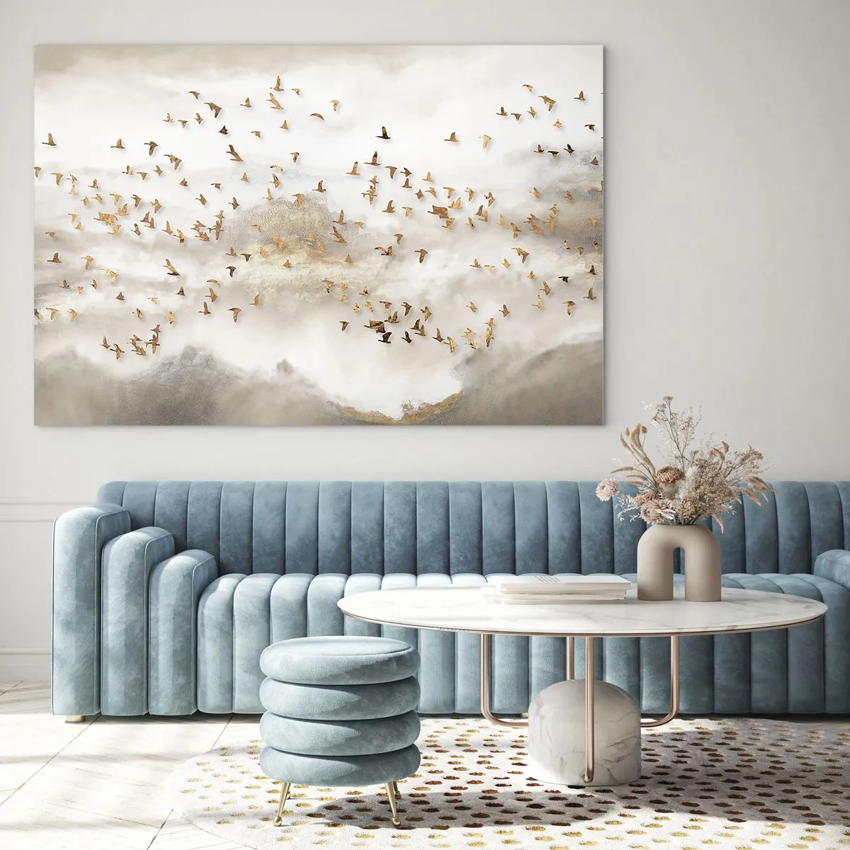 Tablou pe sticlă - Un stol de păsări zboară peste un peisaj încețoșat - 70x50cm - A sosit timpul... - Decorațiune modernă pentru perete pentru living și dormitor ARTTOR