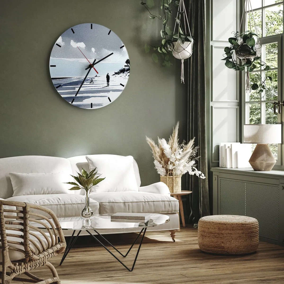 Ceas de perete - Ceas pe sticlă - Silueta unei persoane care merge singură pe plajă în tonuri de gri și albastru - 30x30cm - Singuratic - Decorațiune modernă pentru perete pentru living, bucătărie și dormitor ARTTOR