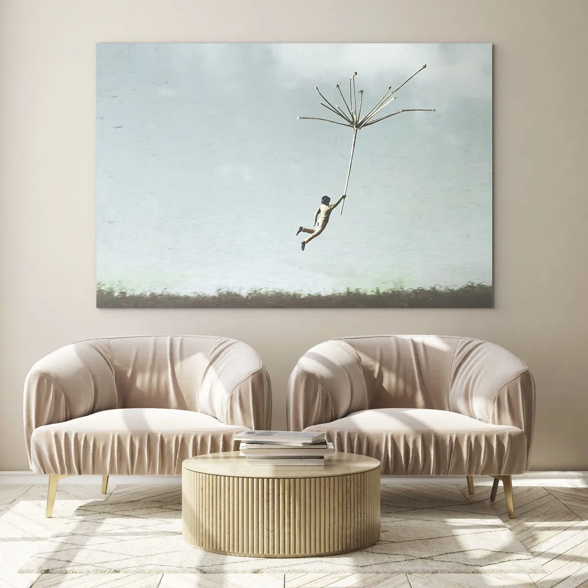 Tablou pe sticlă - Un băiat zboară cu o sămânță de păpădie peste o pajiște - 70x50cm - Zmeuri, suflante, vânt - Decorațiune modernă pentru perete pentru living și dormitor ARTTOR
