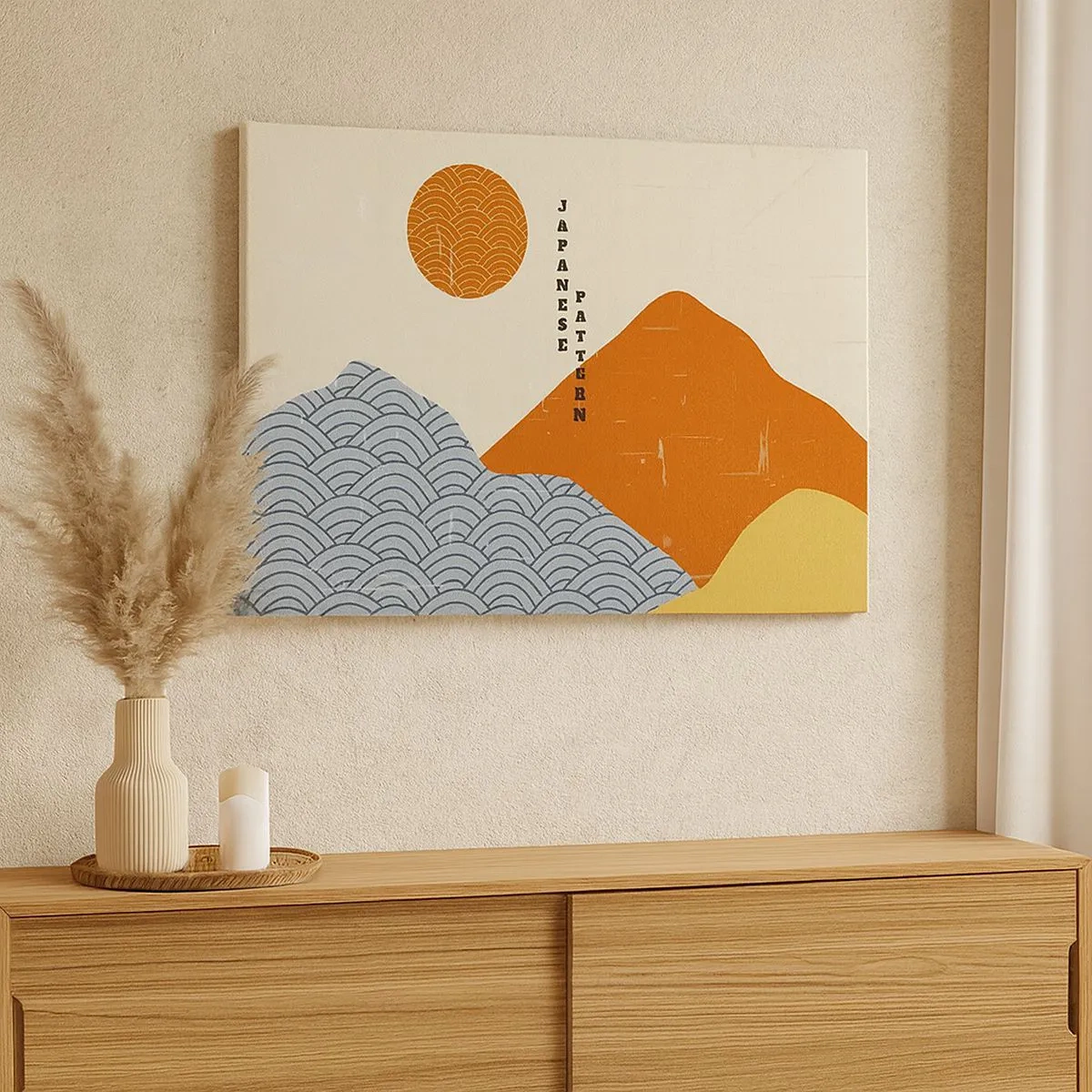 Tablou pe pânză Canvas - Modele japoneze cu munți, soare și stil minimalist - 70x50cm - În stil japonez - Decorațiune modernă pentru perete pentru living și dormitor ARTTOR