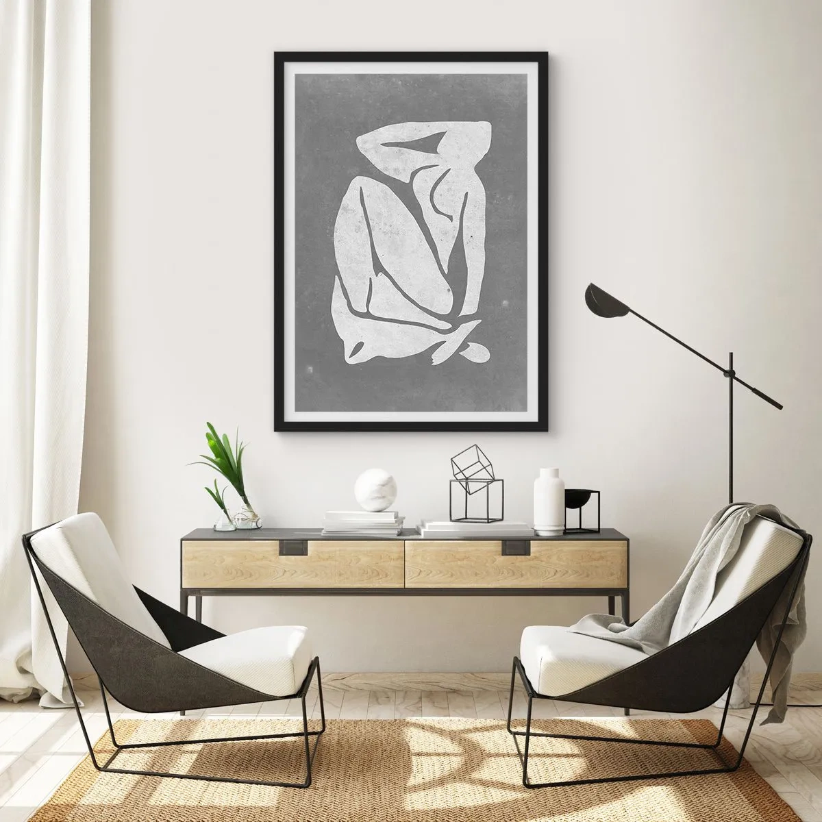Poster în ramă neagră - O siluetă minimalistă a unei femei în nuanțe de gri - 50x70cm - În reverie - Decorațiune modernă pentru perete pentru living și dormitor ARTTOR
