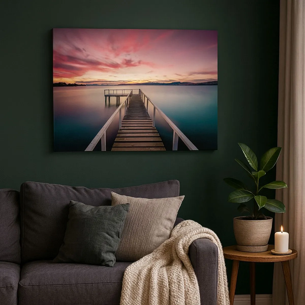 Tablou pe pânză Canvas - Un debarcader care duce spre un lac liniștit la apus - 70x50cm - Flacăra blândă a serii - Decorațiune modernă pentru perete pentru living și dormitor ARTTOR