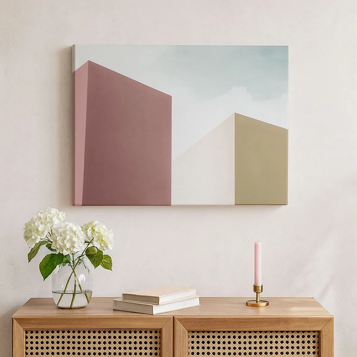Tablou pe pânză Canvas - Arhitectură minimalistă cu blocuri pastelate și cer - 70x50cm - Geometria unei veri însorite - Decorațiune modernă pentru perete pentru living și dormitor ARTTOR