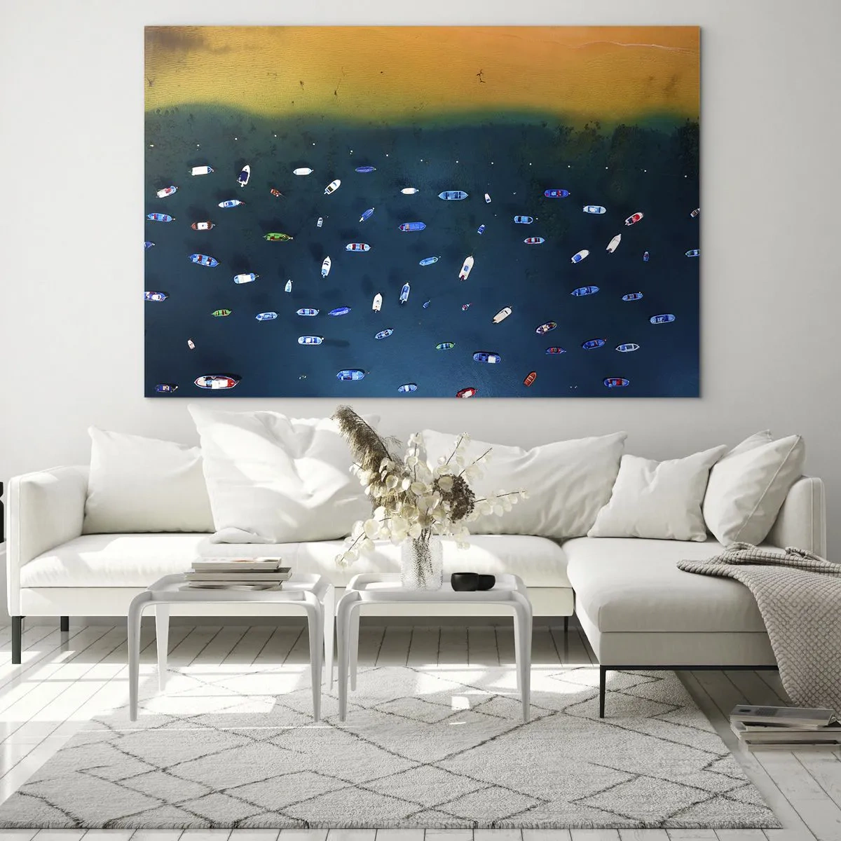 Tablou pe sticlă - Bărci pe fundalul apei turcoaz și al unui țărm auriu - 70x50cm - Joc de vacanță - Decorațiune modernă pentru perete pentru living și dormitor ARTTOR
