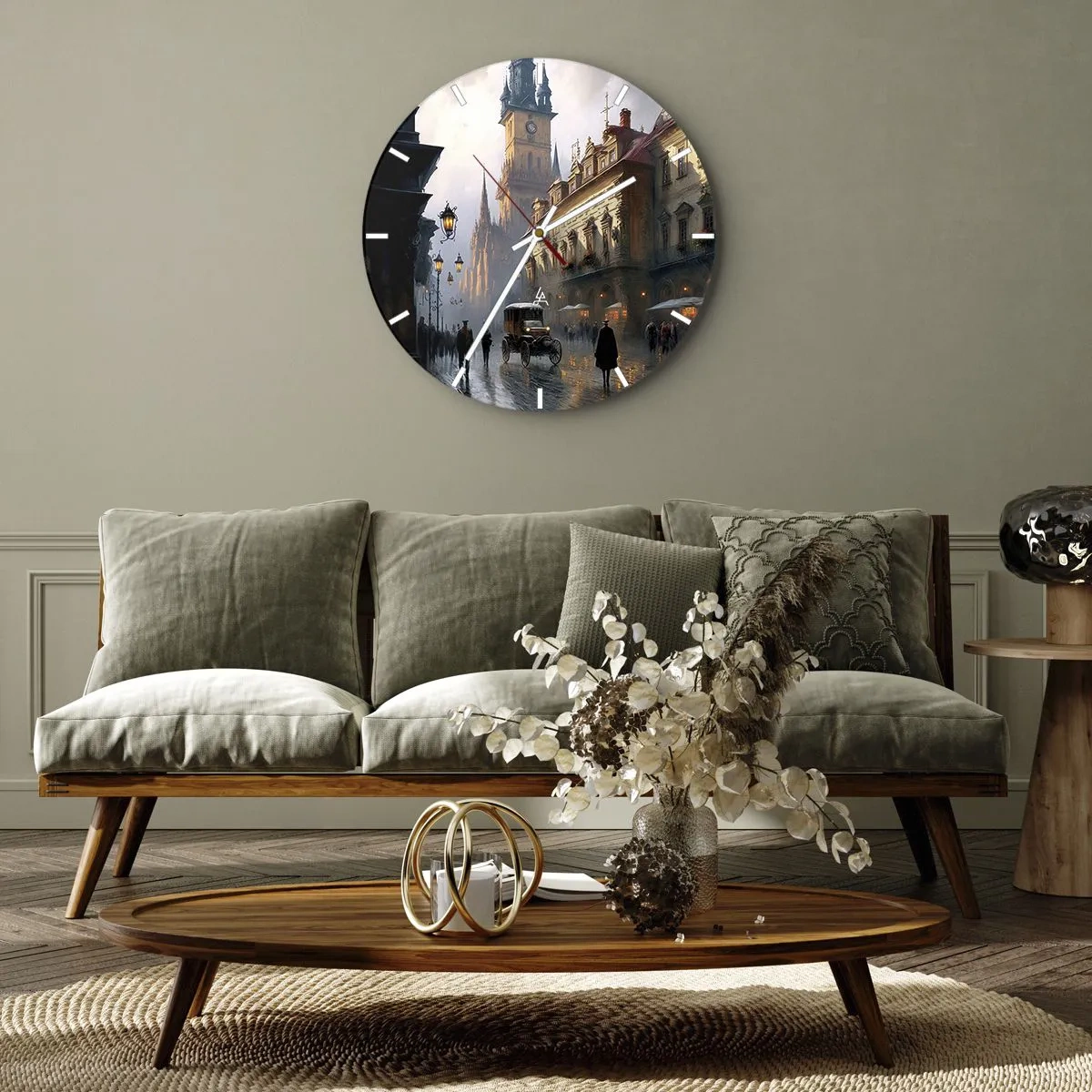 Ceas de perete - Ceas pe sticlă - Plimbare de seară prin centrul istoric al orașului - 30x30cm - Magia unei seri la Praga - Decorațiune modernă pentru perete pentru living, bucătărie și dormitor ARTTOR