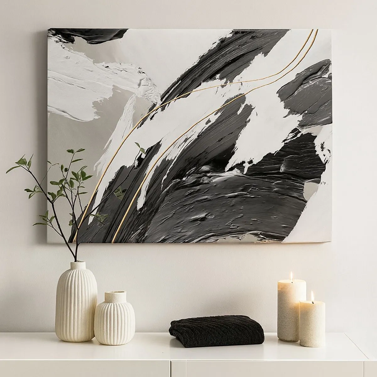 Tablou pe pânză Canvas - Tușe de vopsea alb-negru cu un accent subtil auriu - 70x50cm - Abstracție cu fler - Decorațiune modernă pentru perete pentru living și dormitor ARTTOR