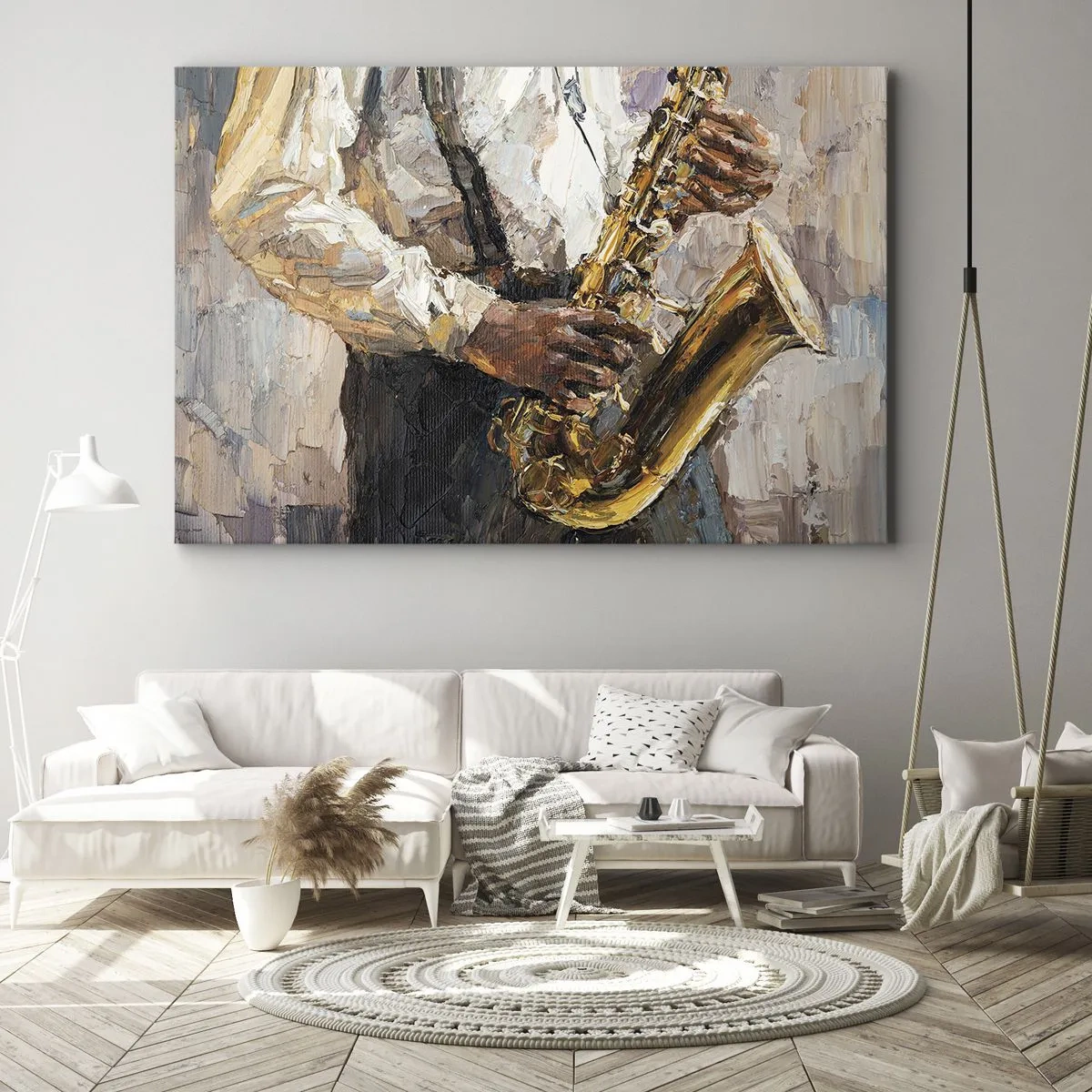 Tablou pe pânză Canvas - Un muzician care cântă la saxofon într-un stil artistic - 70x50cm - E timpul pentru a cânta solo - Decorațiune modernă pentru perete pentru living și dormitor ARTTOR