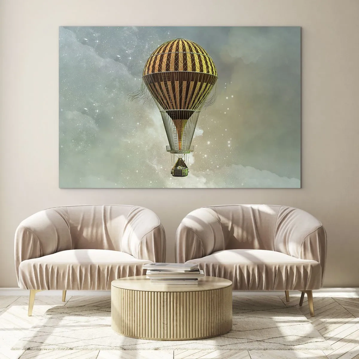 Tablou pe sticlă - Un balon stilizat pe fundalul unui cer înstelat și al norilor. - 70x50cm - Zboruri de pionierat - Decorațiune modernă pentru perete pentru living și dormitor ARTTOR