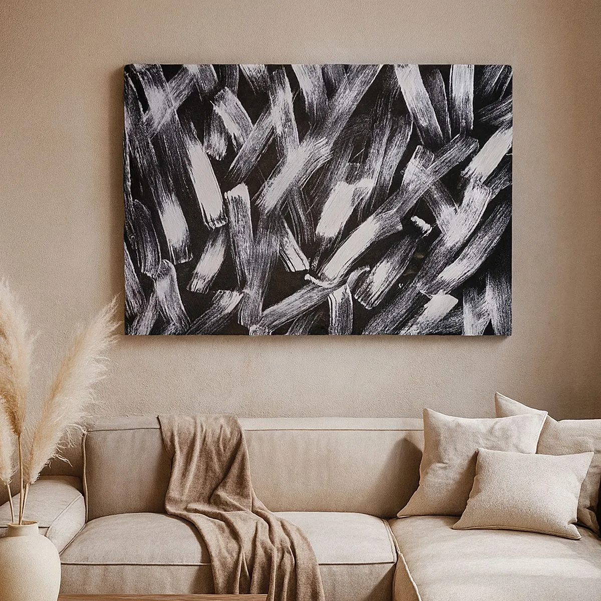 Tablou pe pânză Canvas - Abstracție dinamică cu tușe albe pe fundal negru. - 70x50cm - Abstracție în spirit industrial - Decorațiune modernă pentru perete pentru living și dormitor ARTTOR