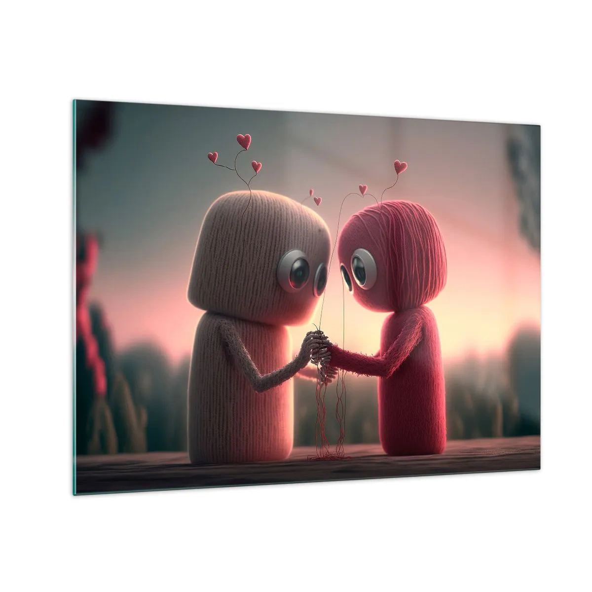 Tablou pe sticlă - Două figurine din fire de lână ținându-se de mână cu inimioare - 70x50cm - Toată lumea are voie să iubească - Decorațiune modernă pentru perete pentru living și dormitor ARTTOR