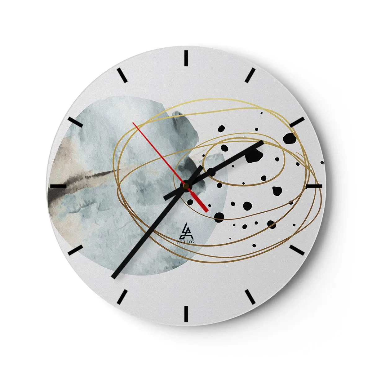 Ceas de perete - Ceas pe sticlă - Linii aurii abstracte și puncte negre pe un fundal deschis - 30x30cm - În îmbrățișarea spațiului - Decorațiune modernă pentru perete pentru living, bucătărie și dormitor ARTTOR