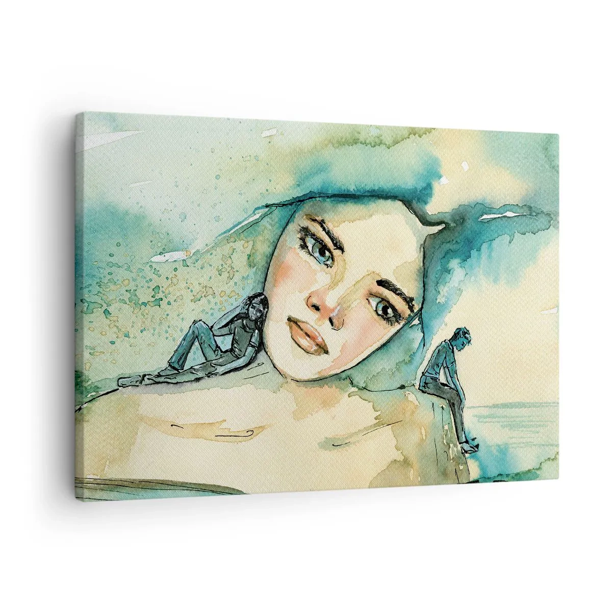 Tablou pe pânză Canvas - Acuarelă a feței unei femei cu motiv reflectorizant - 70x50cm - Am I blue? - Decorațiune modernă pentru perete pentru living și dormitor ARTTOR