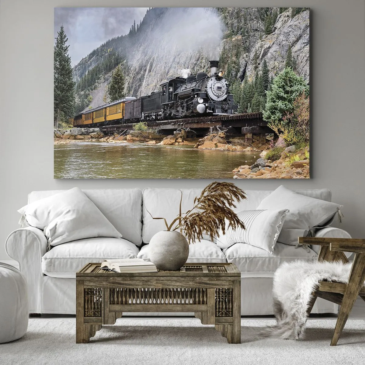 Tablou pe pânză Canvas - O locomotivă cu aburi pe un pod într-un peisaj montan pitoresc - 70x50cm - Și încotro? Unde? - Decorațiune modernă pentru perete pentru living și dormitor ARTTOR