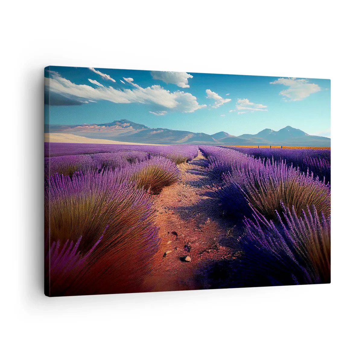 Tablou pe pânză Canvas - Un câmp de lavandă cu vedere la munți și cer albastru - 70x50cm - Câmpuri parfumate - Decorațiune modernă pentru perete pentru living și dormitor ARTTOR