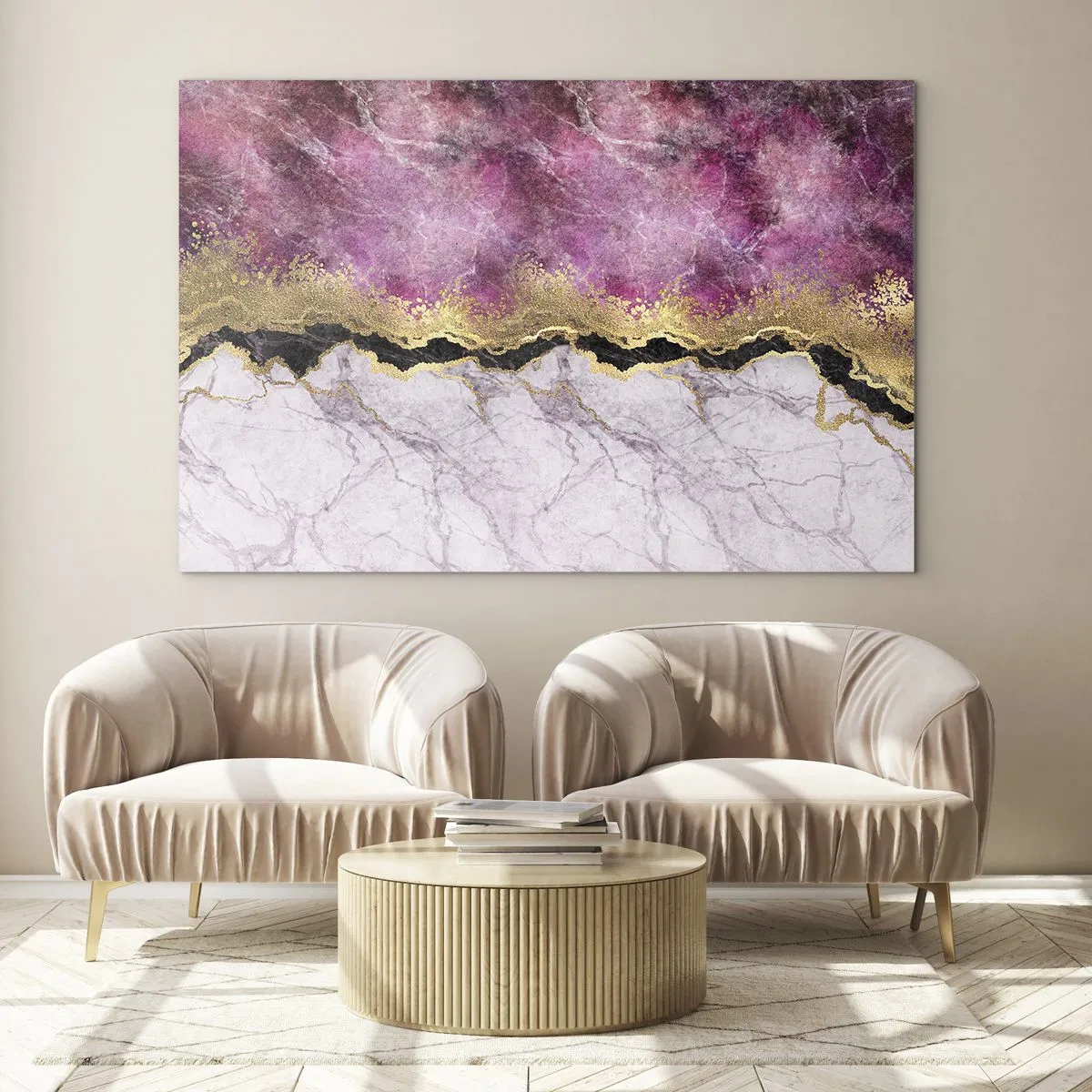 Tablou pe sticlă - Compoziție abstractă din marmură cu accente aurii și violet - 70x50cm - La graniță - Decorațiune modernă pentru perete pentru living și dormitor ARTTOR