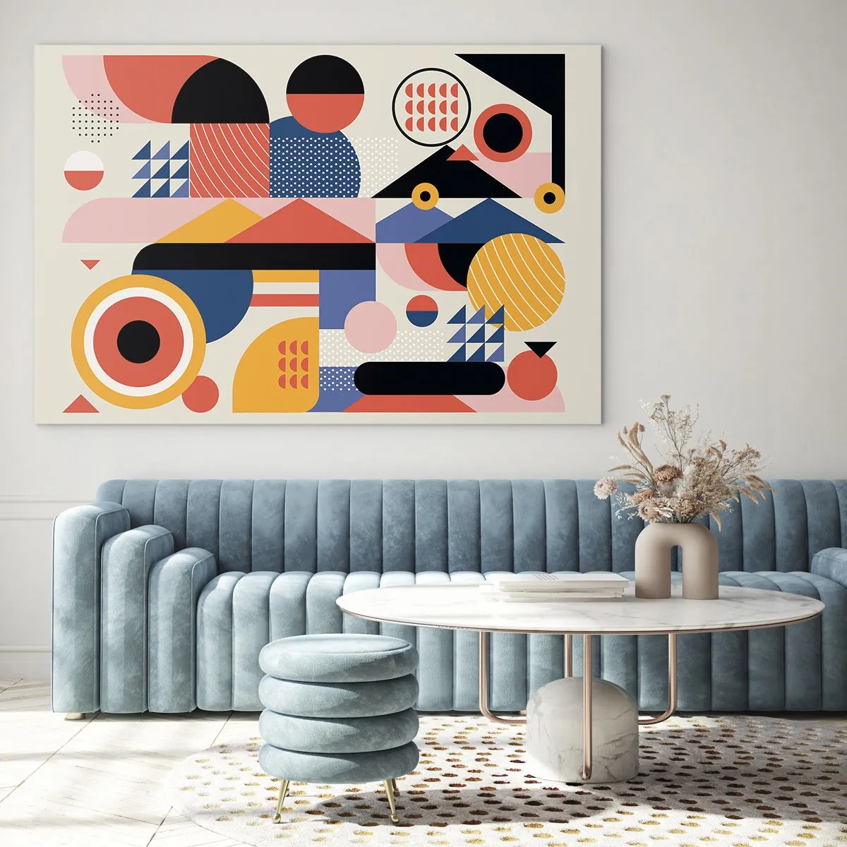 Tablou pe sticlă - Abstracție geometrică colorată cu cercuri și triunghiuri - 70x50cm - Compoziție: joacă-te - Decorațiune modernă pentru perete pentru living și dormitor ARTTOR