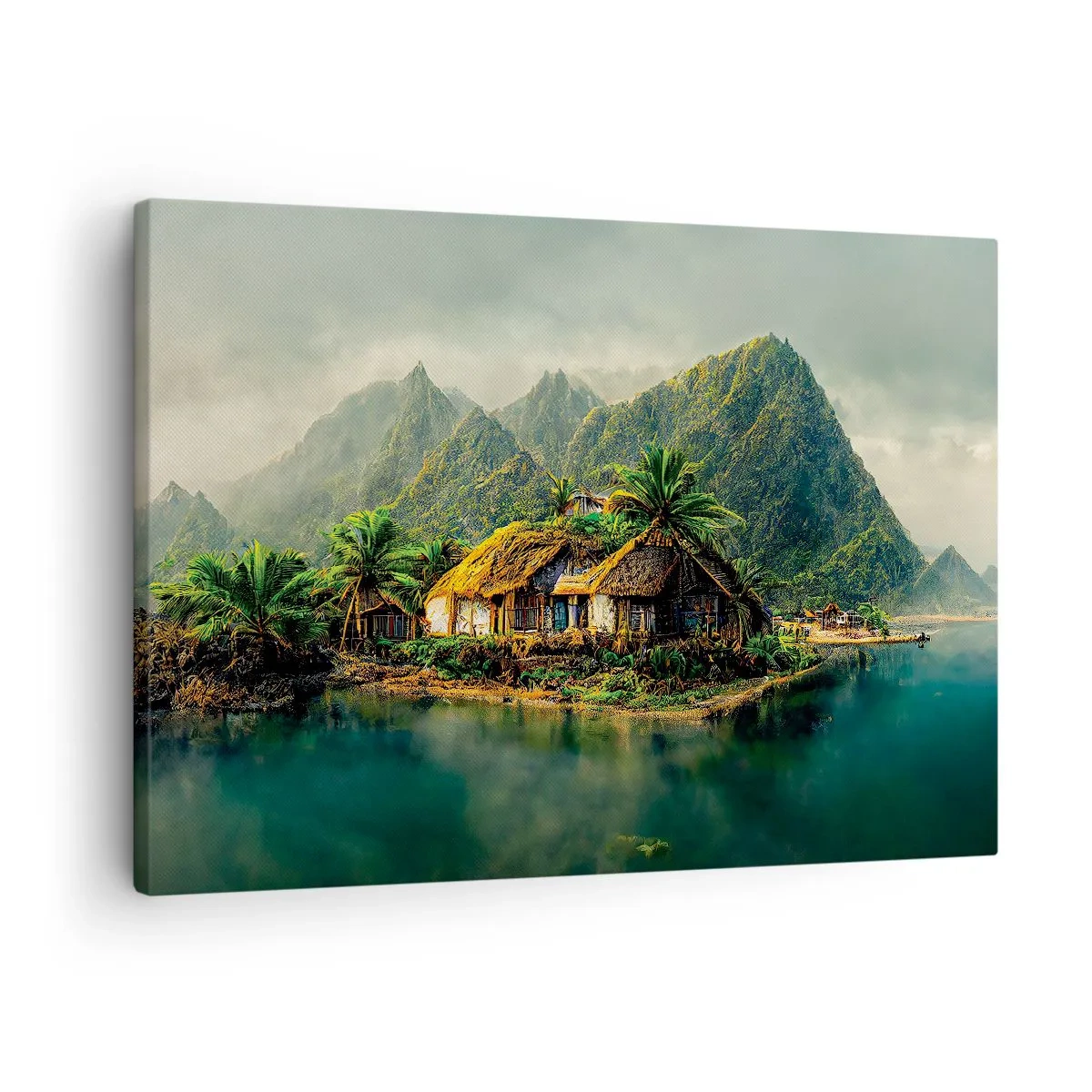 Tablou pe pânză Canvas - insulă tropicală cu palmieri și munți în fundal - 70x50cm - Paradisul tropical - Decorațiune modernă pentru perete pentru living și dormitor ARTTOR