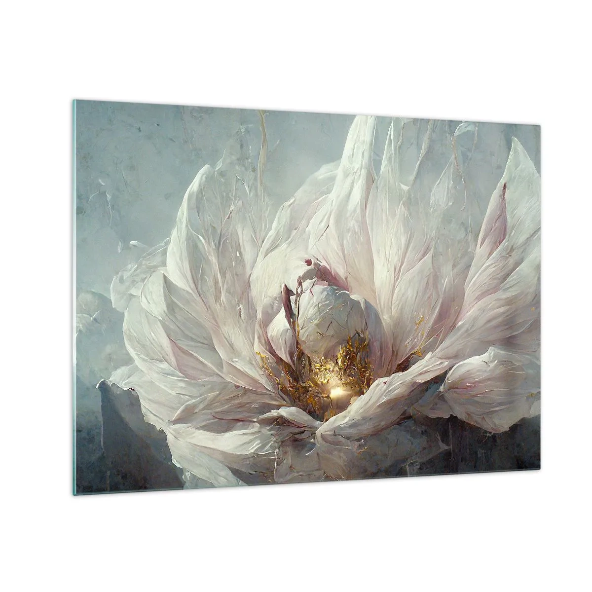 Tablou pe sticlă - O floare înflorită în nuanțe delicate de gri și auriu - 70x50cm - Înflorește o dată la o sută de ani - Decorațiune modernă pentru perete pentru living și dormitor ARTTOR