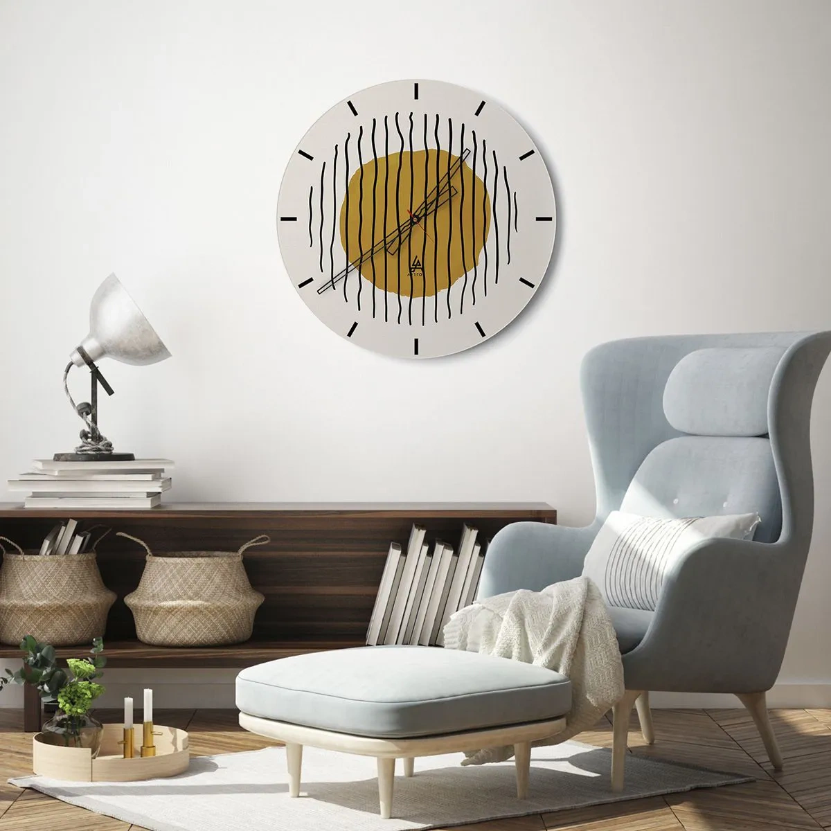 Ceas de perete - Ceas pe sticlă - Un cerc galben-portocaliu înconjurat de linii ondulate negre - 30x30cm - Abstracție tremurândă de căldură - Decorațiune modernă pentru perete pentru living, bucătărie și dormitor ARTTOR