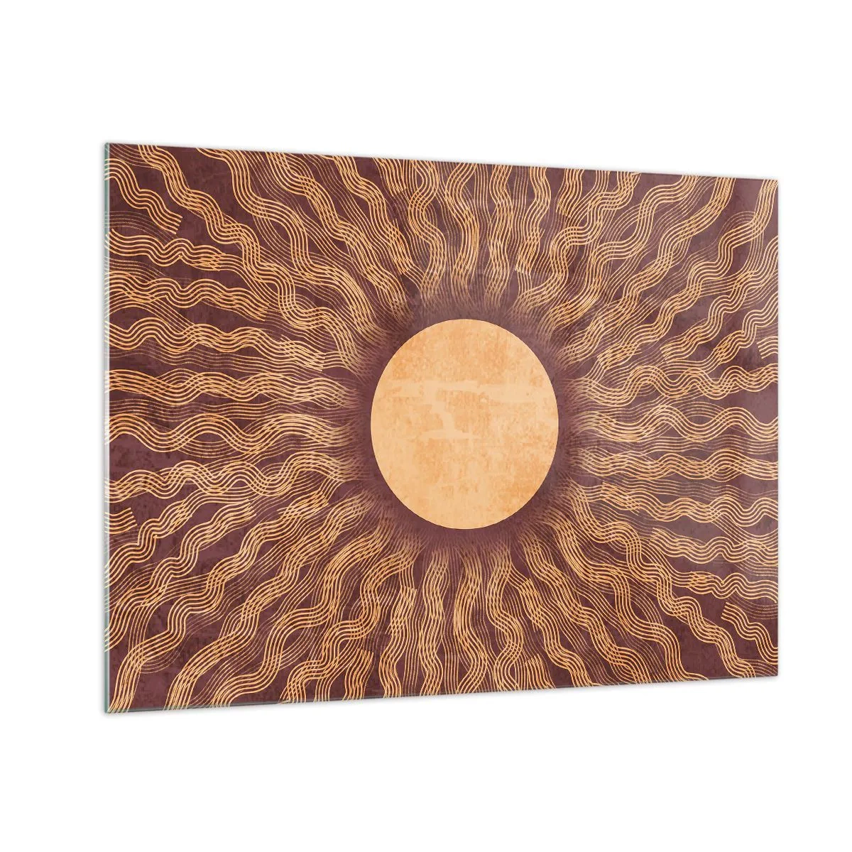 Tablou pe sticlă - Un soare stilizat cu raze sub formă de linii ondulate pe un fundal maro. - 70x50cm - Icoana soarelui - Decorațiune modernă pentru perete pentru living și dormitor ARTTOR