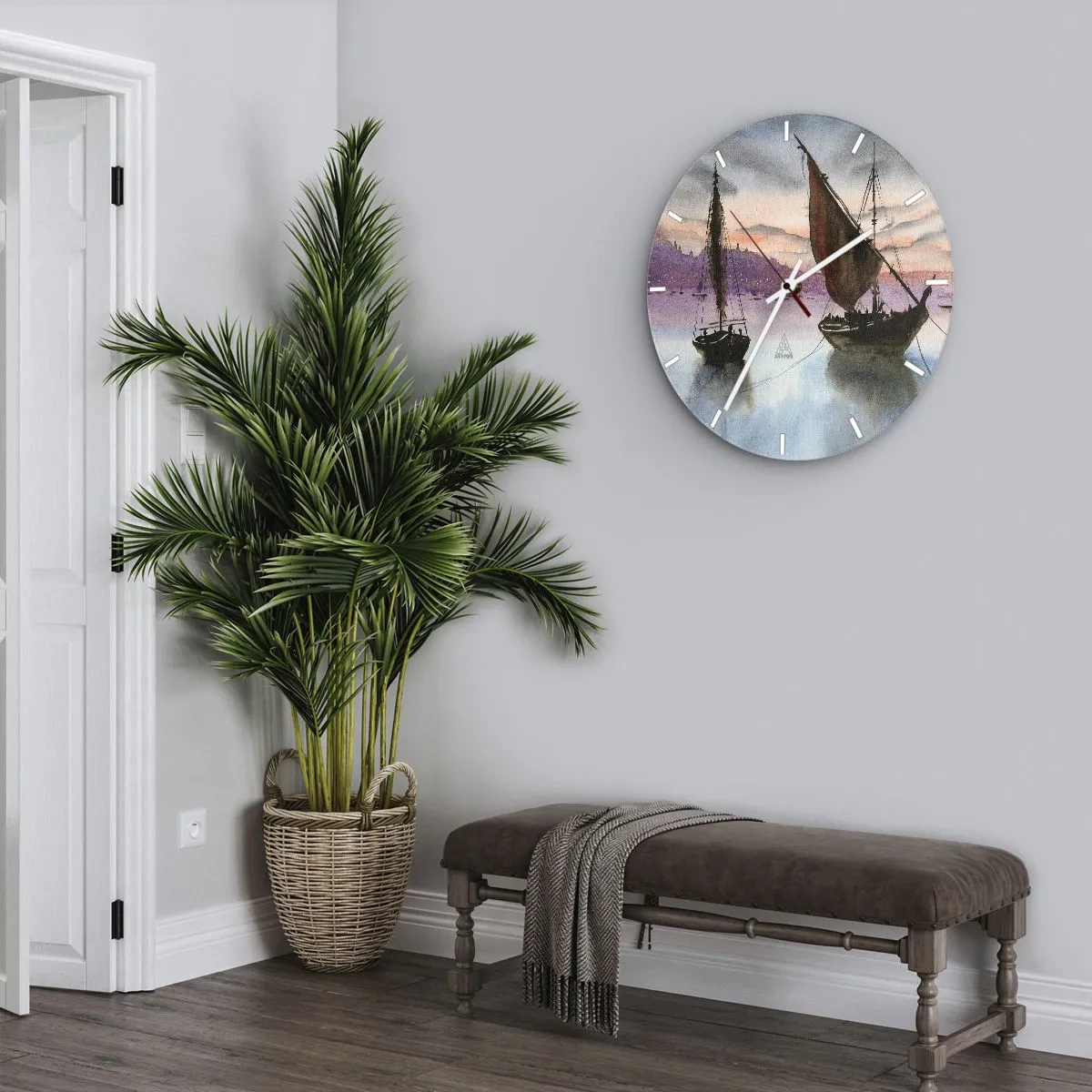 Ceas de perete - Ceas pe sticlă - Nave cu pânze pe apă la apus - 30x30cm - O seară în port - Decorațiune modernă pentru perete pentru living, bucătărie și dormitor ARTTOR