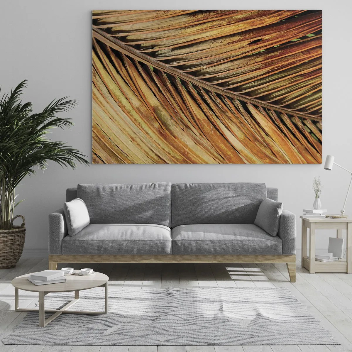 Tablou pe sticlă - Prim-plan al frunzelor uscate și aurii de palmier - 70x50cm - Aur de nucă de cocos - Decorațiune modernă pentru perete pentru living și dormitor ARTTOR