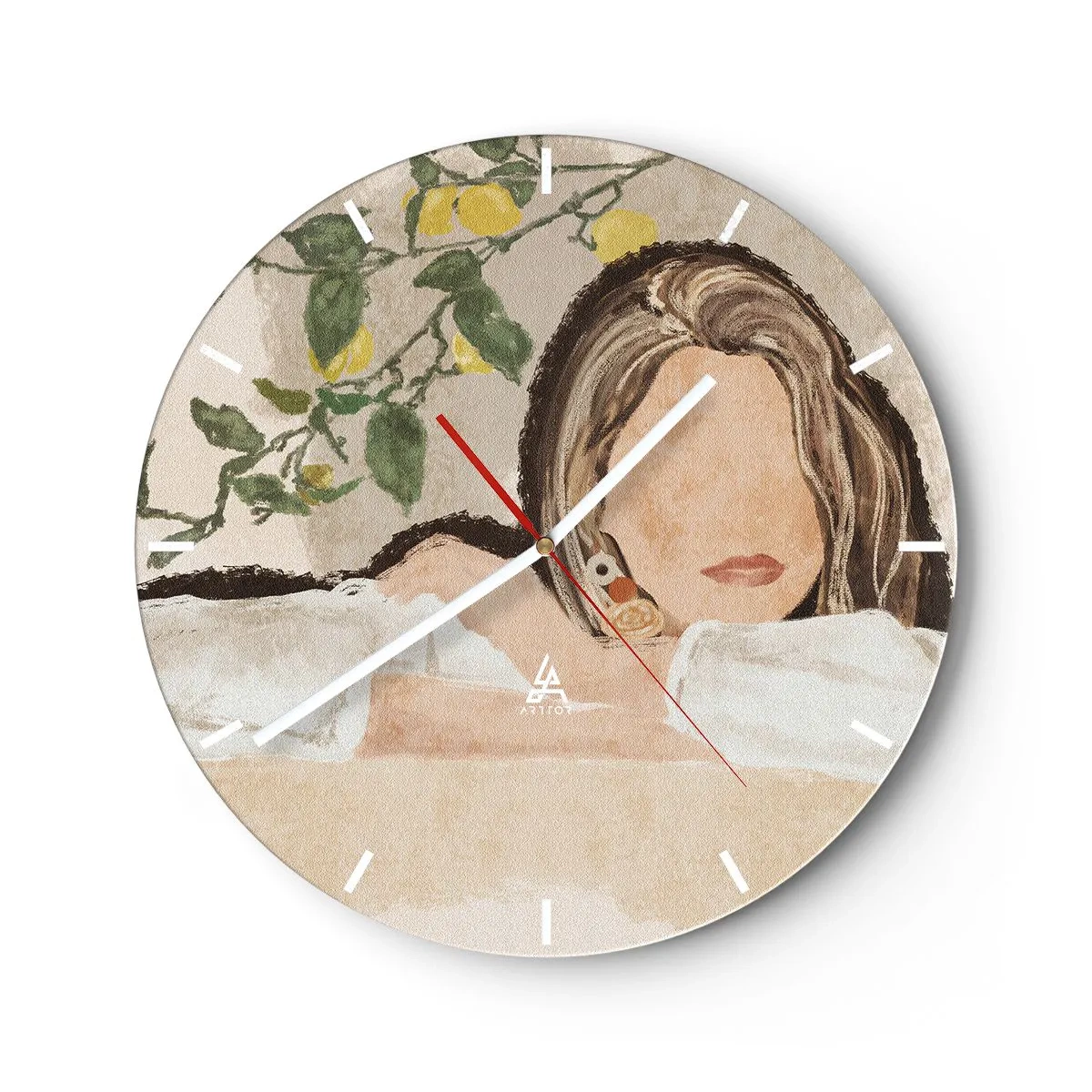 Ceas de perete - Ceas pe sticlă - O femeie cu părul lung în fața unui lămâi - 30x30cm - Frumusețea sudului - Decorațiune modernă pentru perete pentru living, bucătărie și dormitor ARTTOR