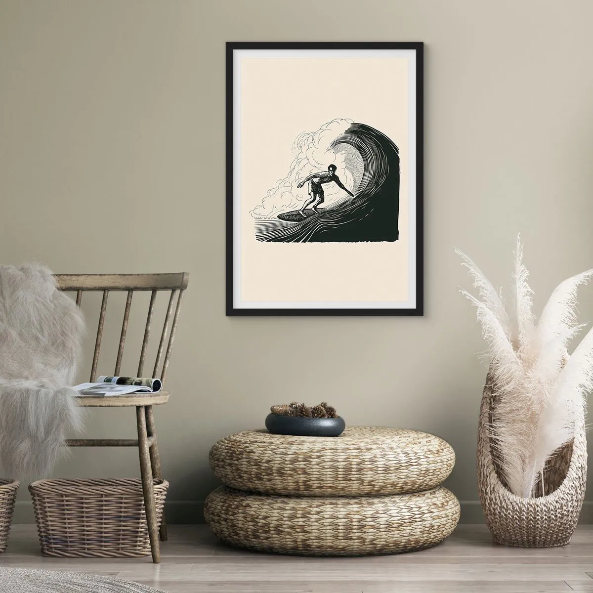 Poster în ramă neagră - Grafică retro surfer pe val, compoziție neagră și crem - 50x70cm - Regele valului - Decorațiune modernă pentru perete pentru living și dormitor ARTTOR