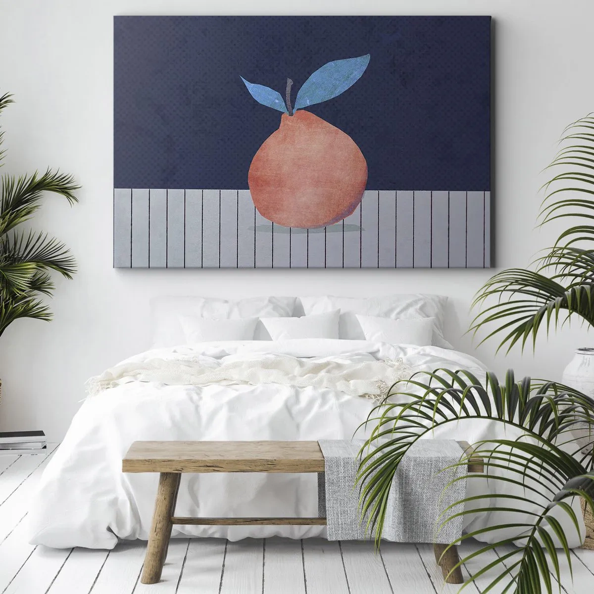 Tablou pe pânză Canvas - Fructe abstracte pe un fundal de culori contrastante și linii drepte. - 70x50cm - Convexitate și plan - Decorațiune modernă pentru perete pentru living și dormitor ARTTOR