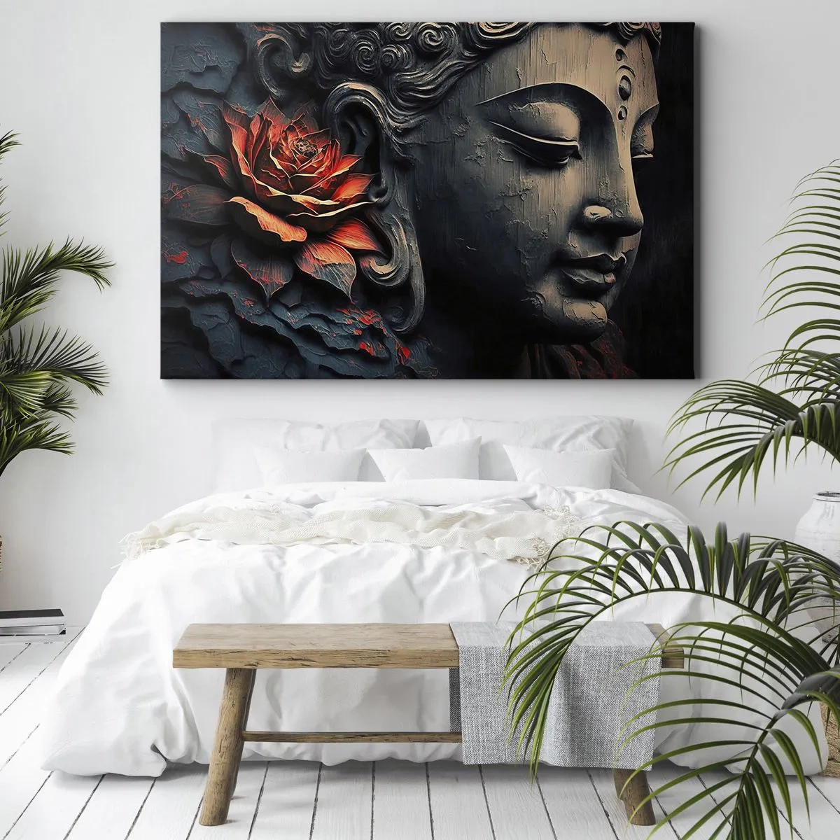 Tablou pe pânză Canvas - Sculptură de Buddha cu o floare de lotus roșie - 70x50cm - În ton cu lumea - Decorațiune modernă pentru perete pentru living și dormitor ARTTOR