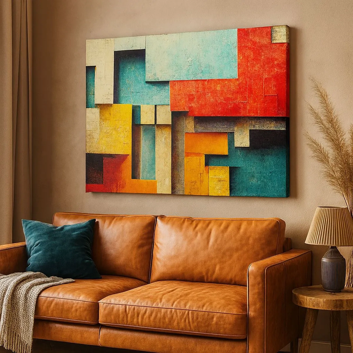 Tablou pe pânză Canvas - Forme geometrice abstracte în culori vibrante - 70x50cm - Festival de unghiuri drepte - Decorațiune modernă pentru perete pentru living și dormitor ARTTOR