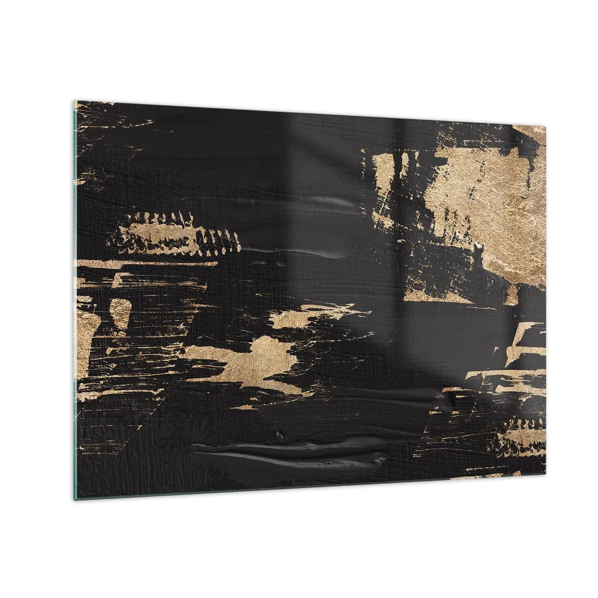 Tablou pe sticlă - Abstracție neagră și aurie cu o textură asemănătoare unei pensule - 70x50cm - O urmă de atingere - Decorațiune modernă pentru perete pentru living și dormitor ARTTOR