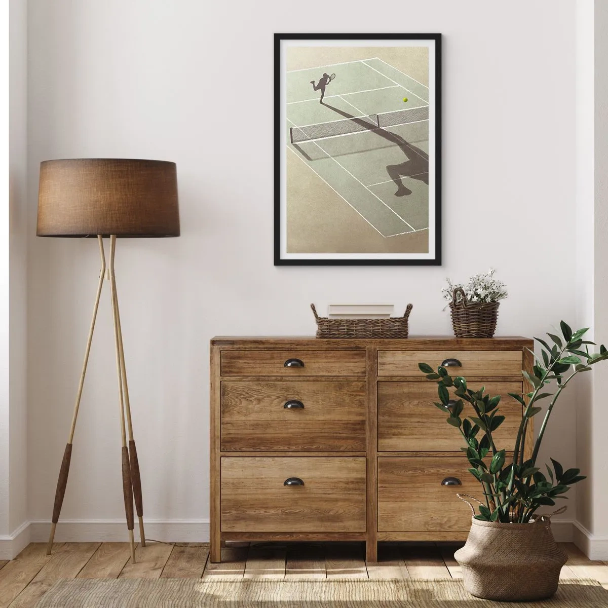 Poster în ramă neagră - Un jucător de tenis care servește pe teren - 50x70cm - Învinge-te pe tine însuți - Decorațiune modernă pentru perete pentru living și dormitor ARTTOR