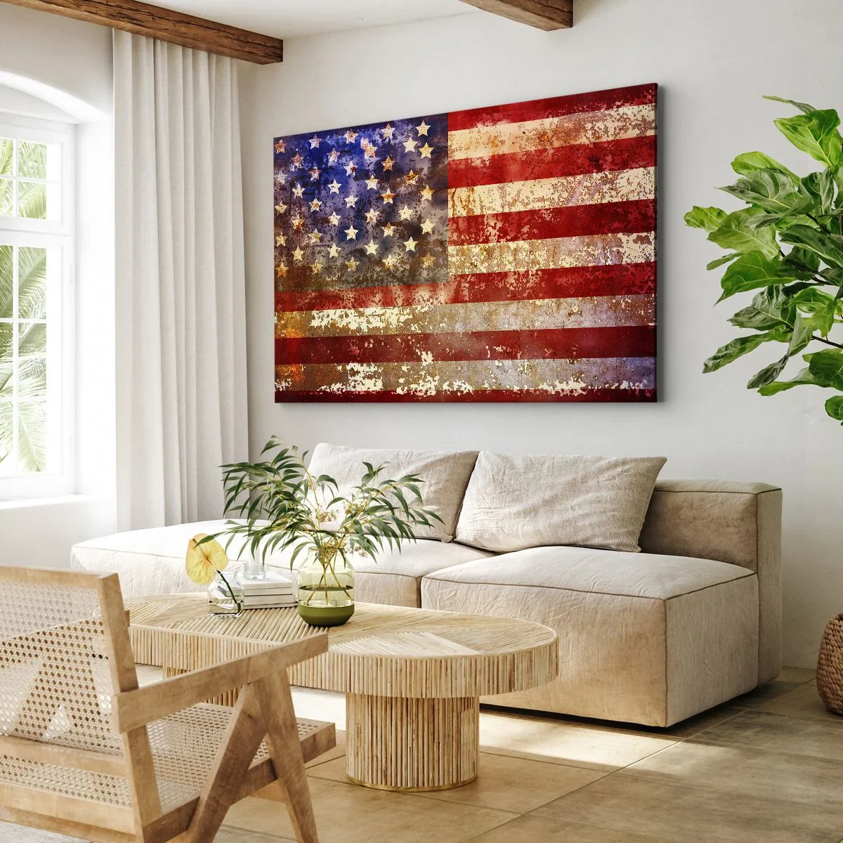 Tablou pe pânză Canvas - Steag american stilizat cu efect învechit - 70x50cm - Gloria nu trece - Decorațiune modernă pentru perete pentru living și dormitor ARTTOR