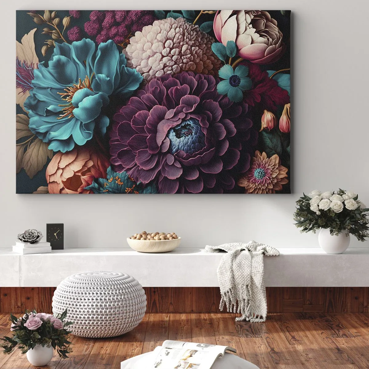 Tablou pe pânză Canvas - Un buchet de flori în culori intense pe un fundal închis - 70x50cm - Natura în abundență - Decorațiune modernă pentru perete pentru living și dormitor ARTTOR