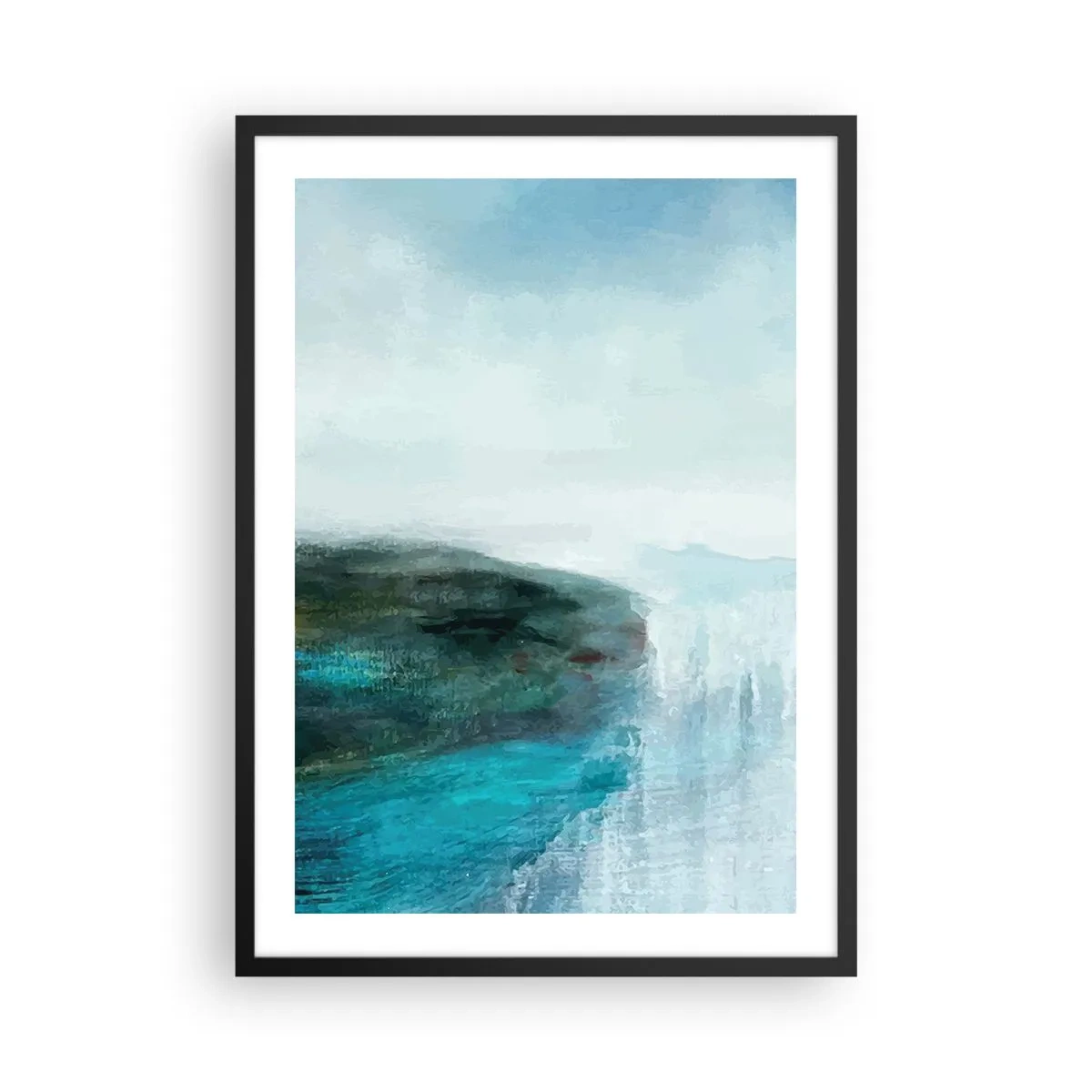 Poster în ramă neagră - Un peisaj pitoresc cu o stâncă deasupra apei în nuanțe de albastru. - 50x70cm - Abstracție maritimă - Decorațiune modernă pentru perete pentru living și dormitor ARTTOR