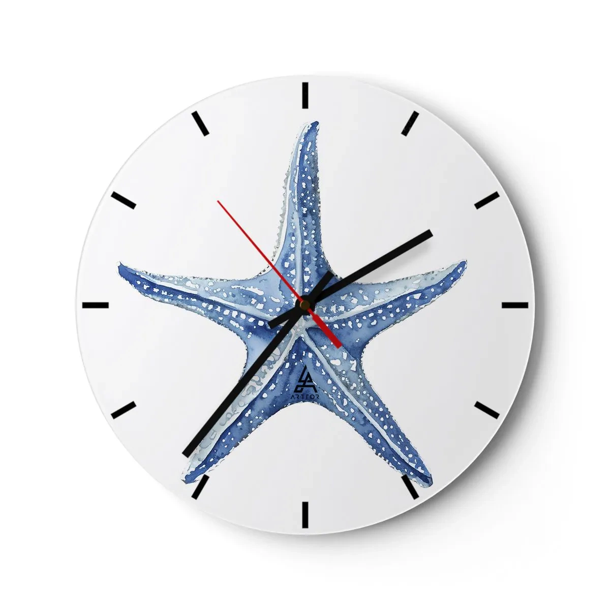 Ceas de perete - Ceas pe sticlă - Stea de mare albastră pe fundal alb în stil acuarelă - 30x30cm - Steaua mării - Decorațiune modernă pentru perete pentru living, bucătărie și dormitor ARTTOR