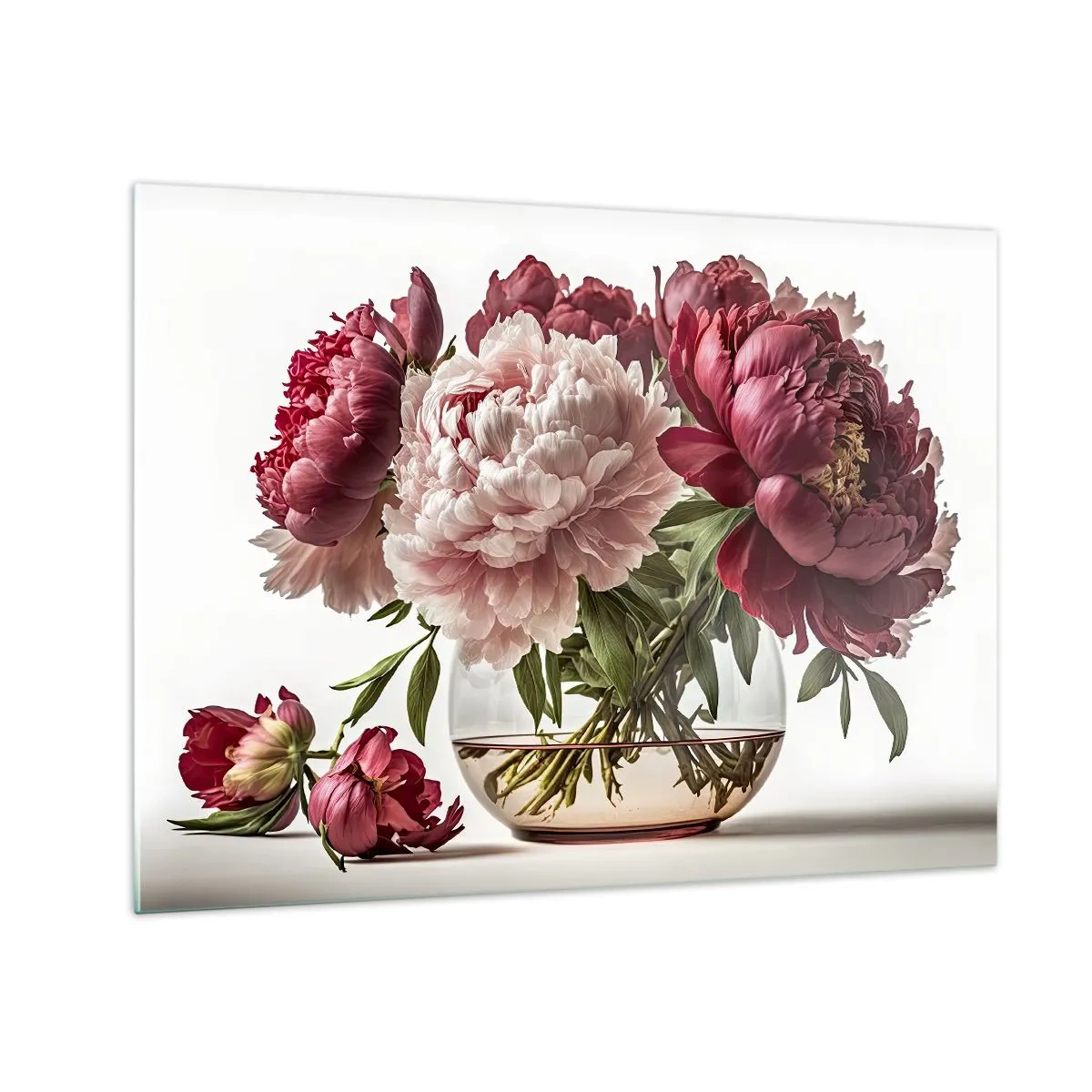Tablou pe sticlă - Un buchet de bujori într-o vază de sticlă pe un fundal deschis - 70x50cm - În plină înflorire - Decorațiune modernă pentru perete pentru living și dormitor ARTTOR