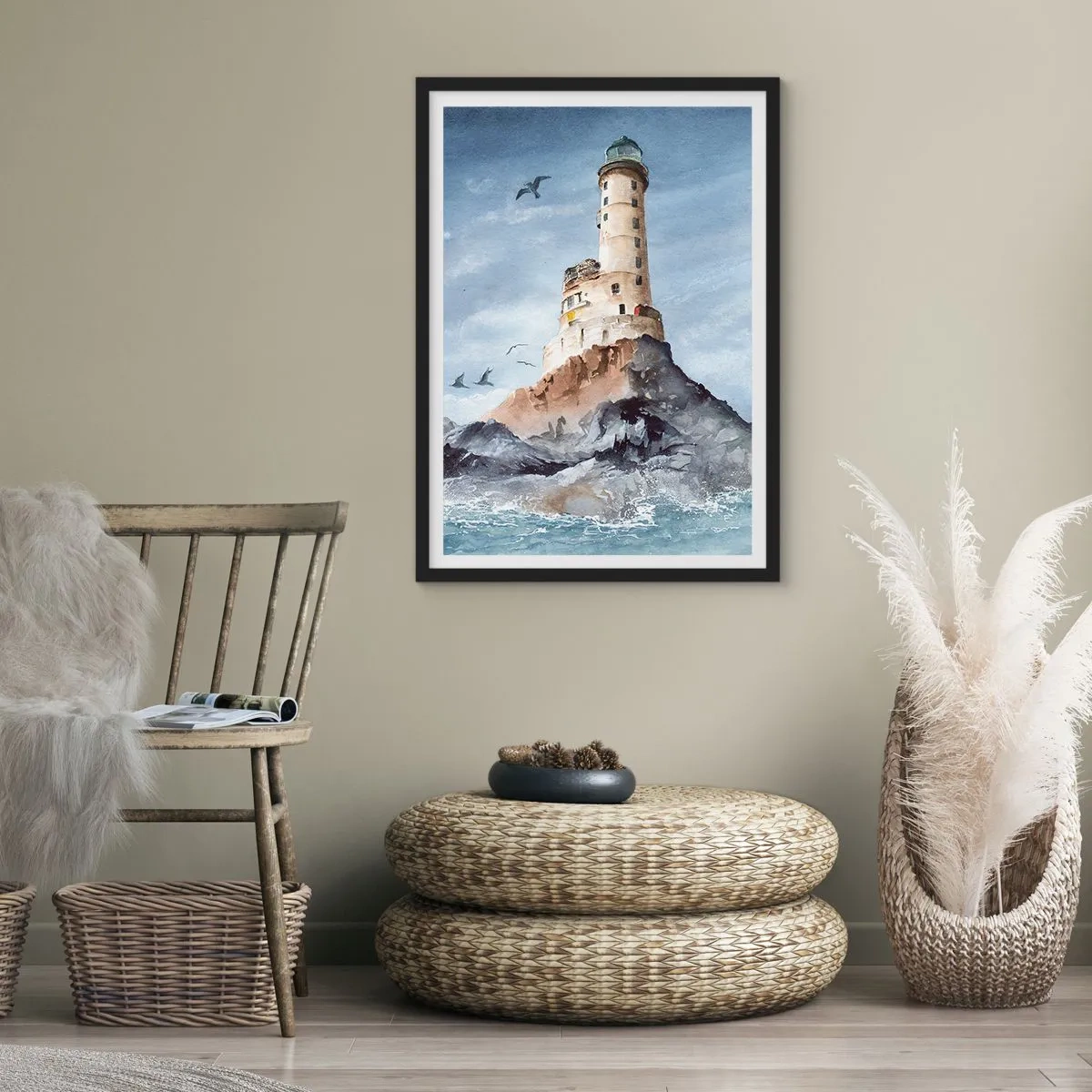 Poster în ramă neagră - O pictură în acuarelă a unui far pe o coastă stâncoasă - 50x70cm - Invincibil - Decorațiune modernă pentru perete pentru living și dormitor ARTTOR