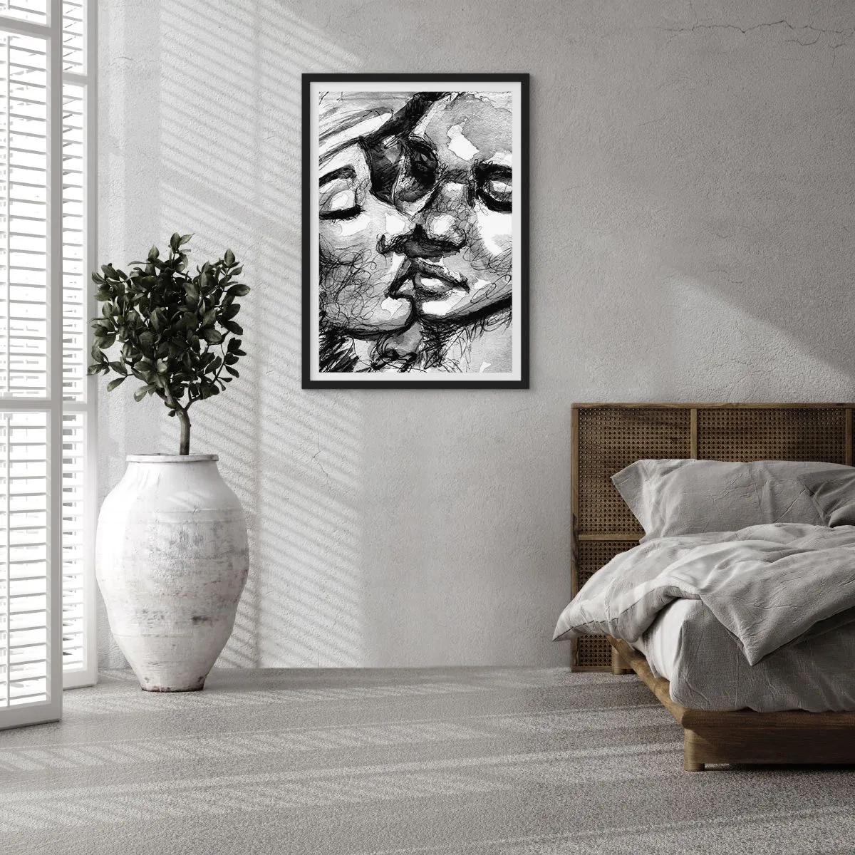 Poster în ramă neagră - Portret abstract alb-negru al unui sărut - 50x70cm - Un moment de tandrețe - Decorațiune modernă pentru perete pentru living și dormitor ARTTOR