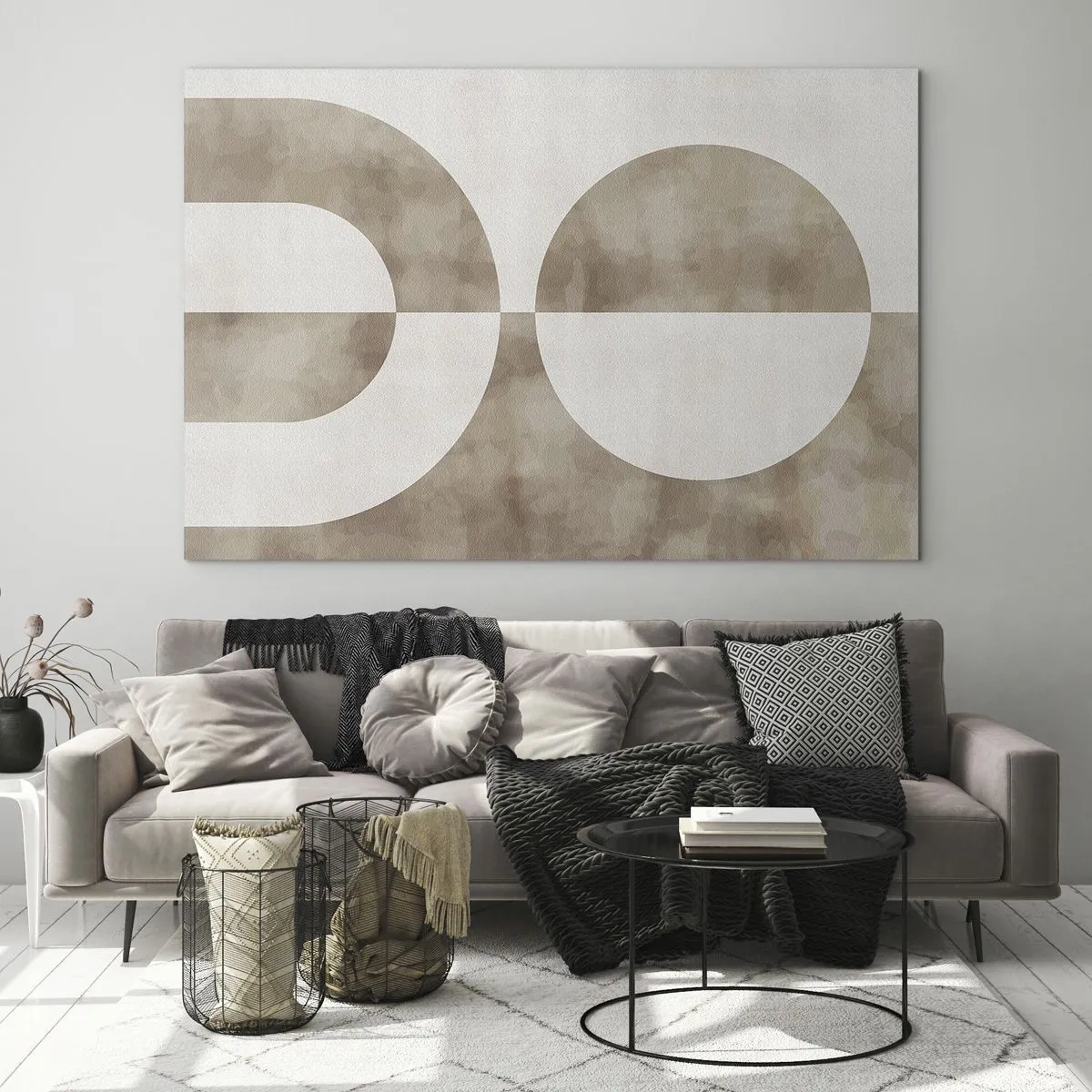 Tablou pe sticlă - Geometrie bej cu un semicerc și un cerc pe un fundal orizontal - 70x50cm - Similitudini și diferențe - Decorațiune modernă pentru perete pentru living și dormitor ARTTOR