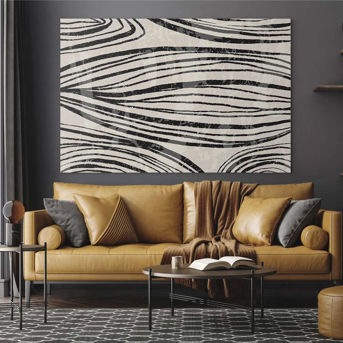 Tablou pe sticlă - Valuri de linii negre pe un fundal deschis - 70x50cm - Deversare de linii - Decorațiune modernă pentru perete pentru living și dormitor ARTTOR