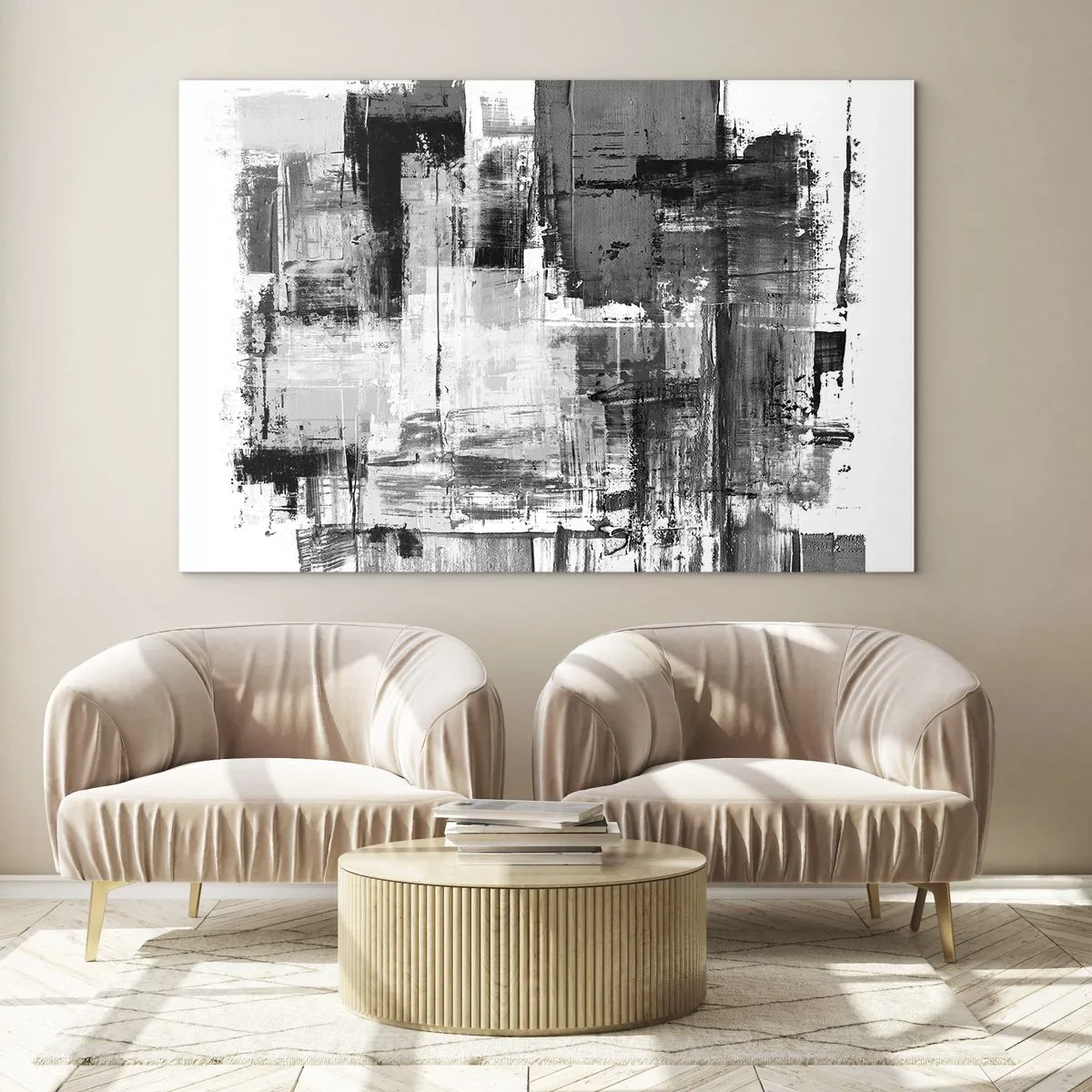 Tablou pe sticlă - Abstracție alb-negru cu o structură geometrică - 70x50cm - Griul este frumos - Decorațiune modernă pentru perete pentru living și dormitor ARTTOR