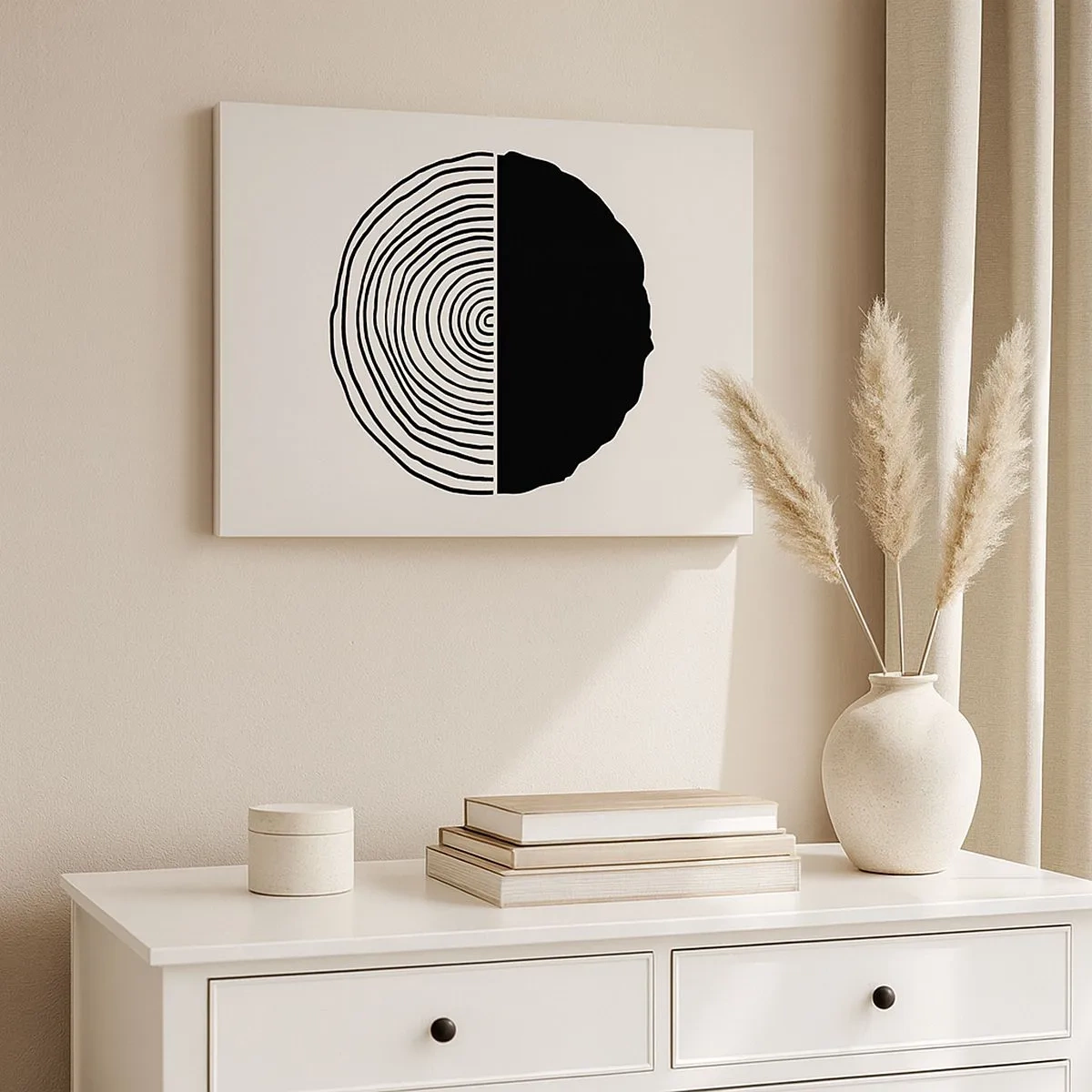 Tablou pe pânză Canvas - Un motiv abstract alb-negru inspirat de o secțiune transversală de lemn cu o diviziune geometrică. - 70x50cm - Jumi-juma - Decorațiune modernă pentru perete pentru living și dormitor ARTTOR
