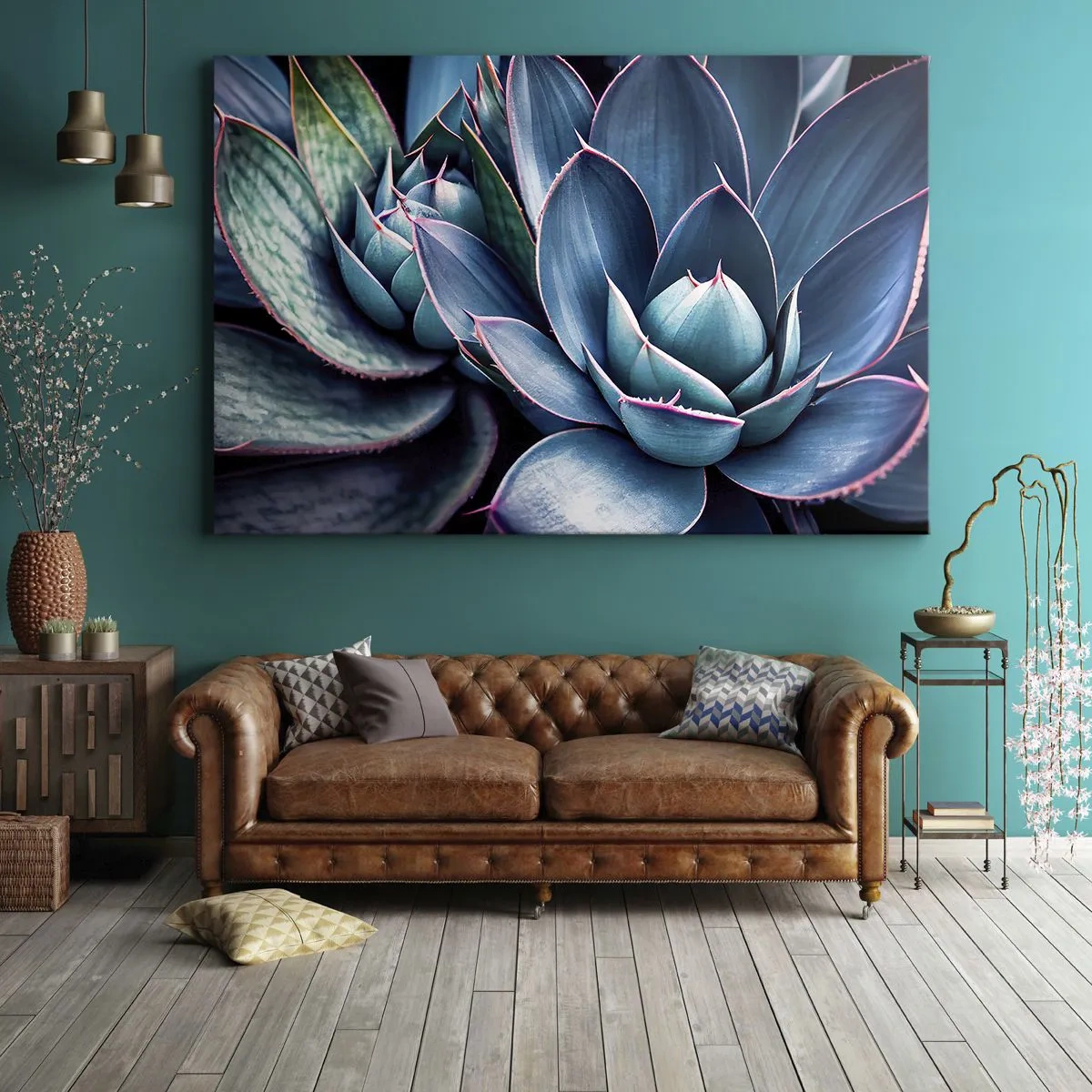 Tablou pe pânză Canvas - Agave în nuanțe de albastru și verde cu accente roz - 70x50cm - Forța vitală - Decorațiune modernă pentru perete pentru living și dormitor ARTTOR